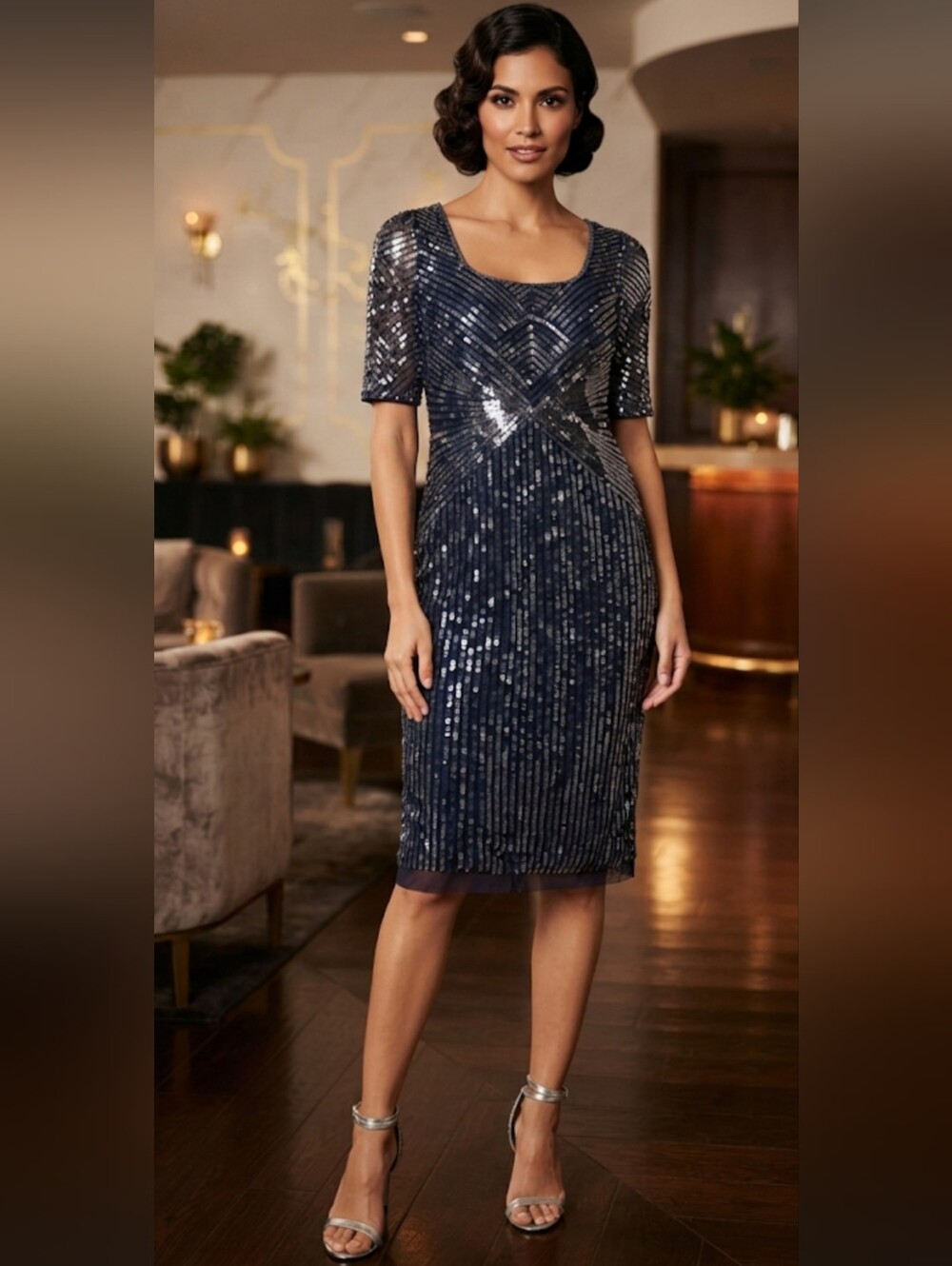 Adrianna Papell Navy Sequin Midi Dress